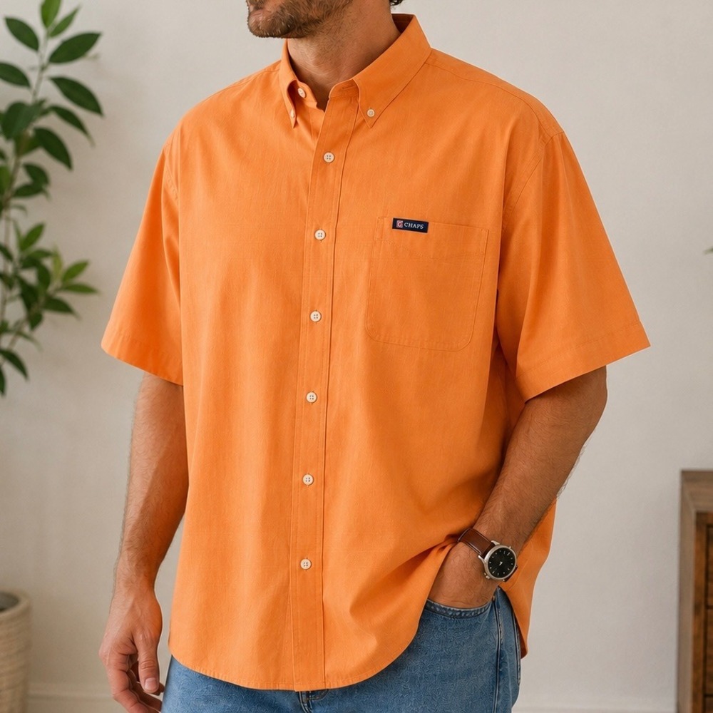 Chaps Easy‎ Care Orange Button Front Shirt Men's XXL Casual Summer Campcore